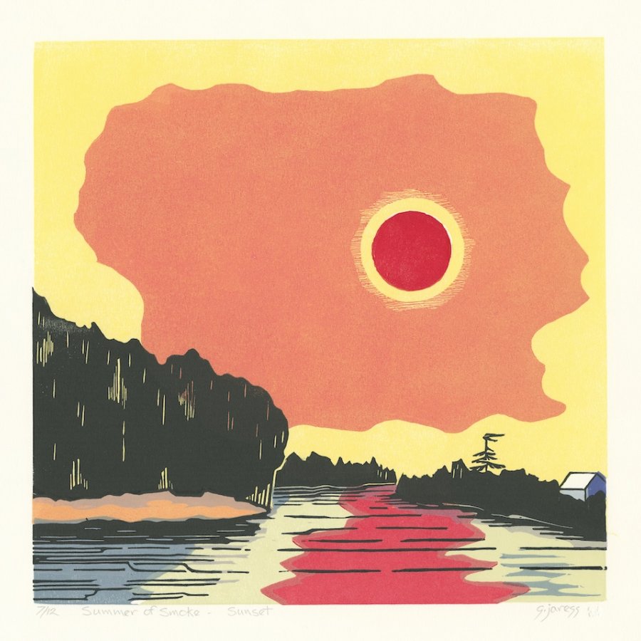 SUMMER OF SMOKE, Gene Jaress, woodblock print, 20.5 x 20.5 inches, 5/12
