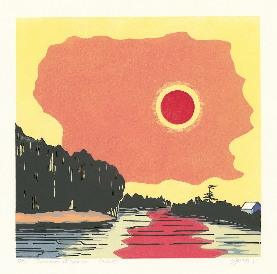SUMMER OF SMOKE, Gene Jaress, woodblock print, 20.5 x 20.5 inches, 5/12