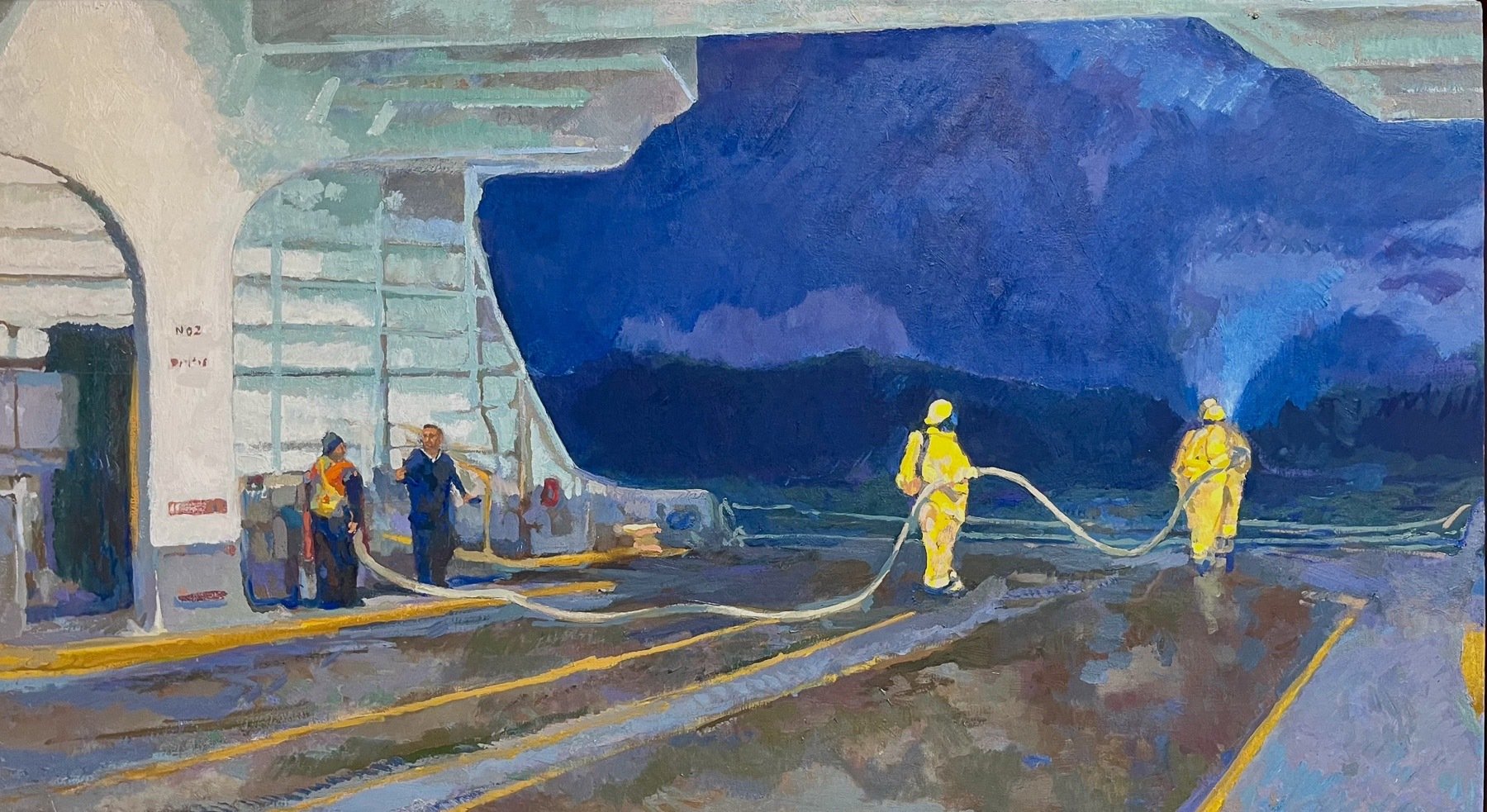 FILLNG A TESLA, Peter Malarkey, oil on linen, 26 x 46 inches, copyright ©2024