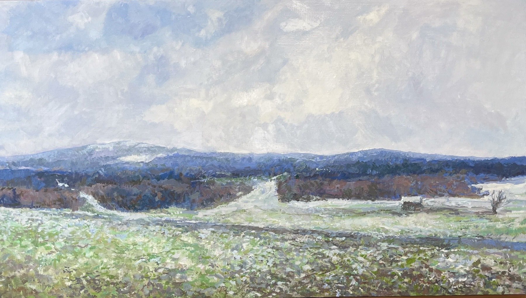 OLYMPIC FOOTHILLS IN MARCH, Peter Malarkey, oil on linen, 35 x 60 inches, copyright ©2024