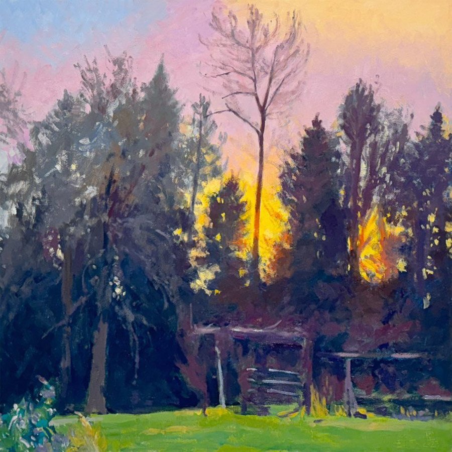 FIREY SUNSET (PANTHER LAKE GARDEN SERIES), oil on MDH panel, 30 x 30 inches, copyright ©2023