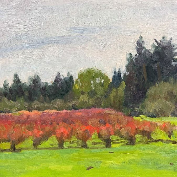 LARSEN LAKE BLUEBERRY FARM, oil on MDH panel, 9 x 12 inches, copyright ©2018